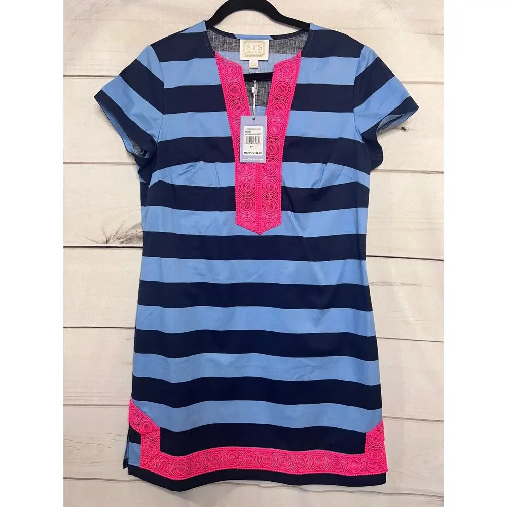 Sail to Sable Blue and Pink Striped Midi Dress - Picture 1 of 6